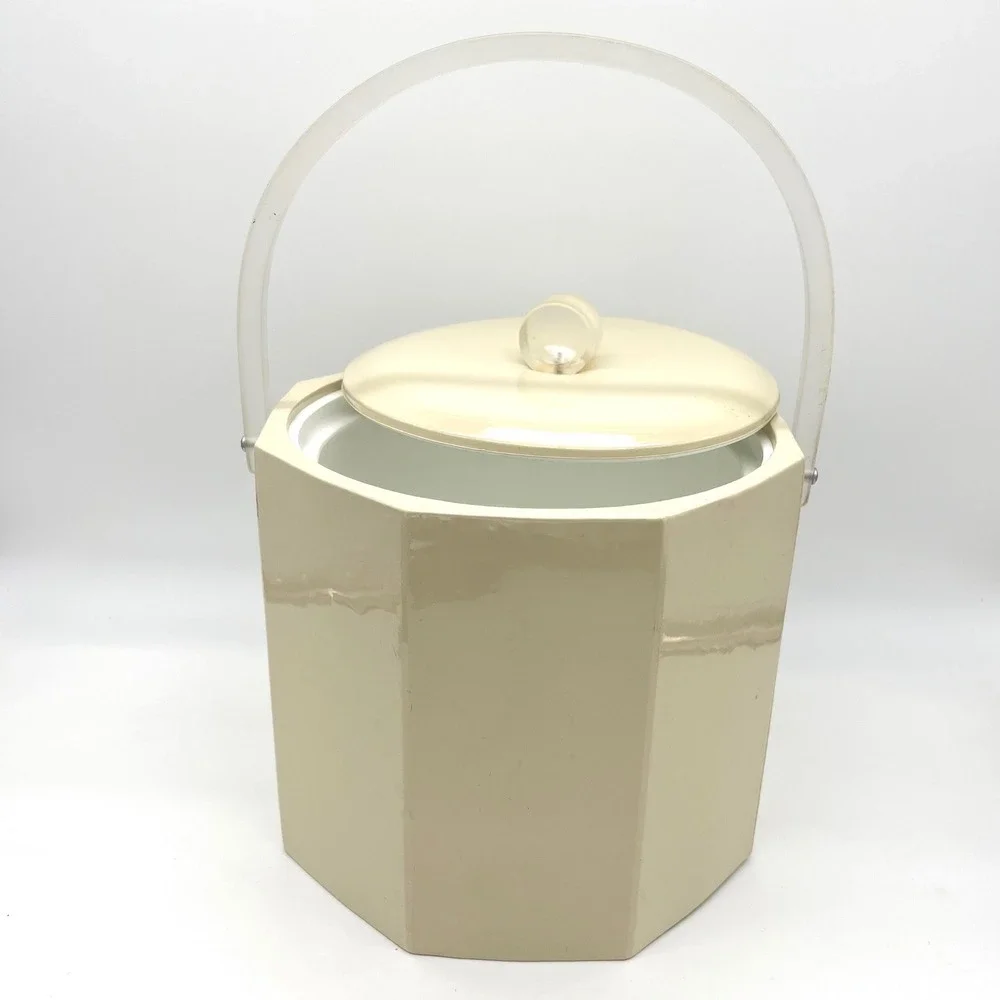 Vintage Georges Briard Ice Bucket Beige Octagon Acrylic Handle Lid Mid Century